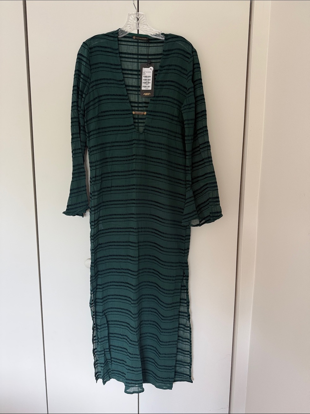 NWT Deep Green Striped V-Neck Maxi Beach Coverup Medium